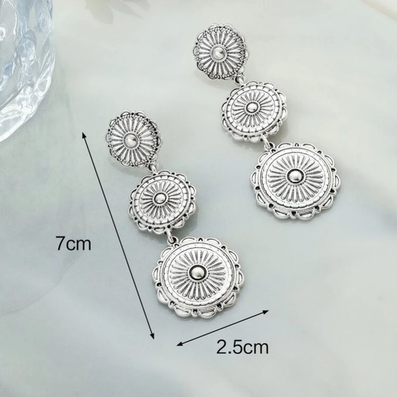 Silver Medallion Flower Drop Earrings - Picture 6 of 6